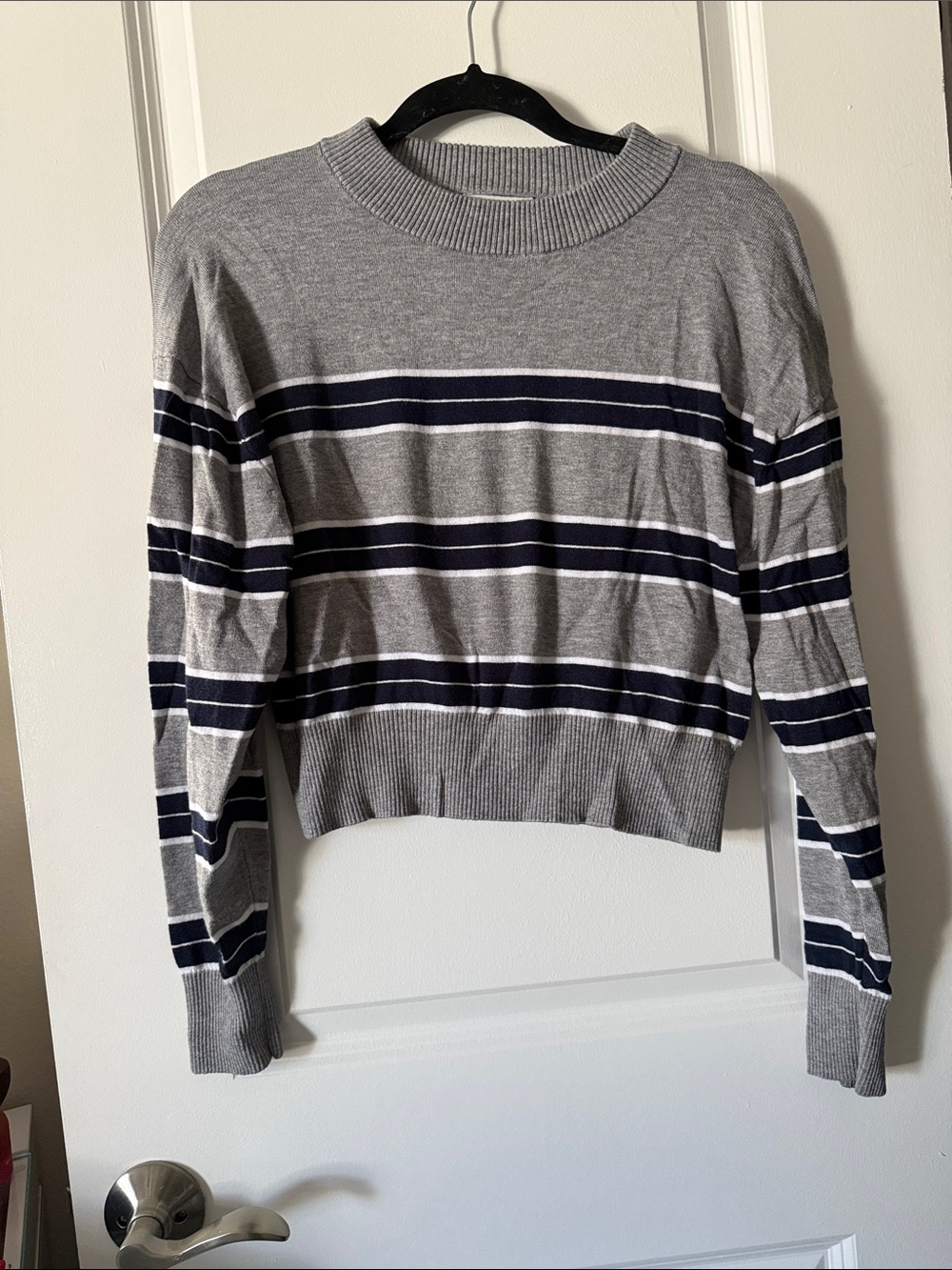 Gray Striped Crewneck Sweater with Navy and White Bands